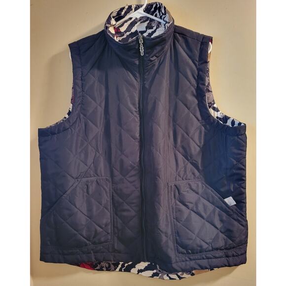 Reversible Quilted Vest Black Rose/Zebra Print Women 1X Casual Identity Light Wt - Picture 2 of 13